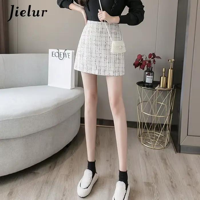 Jielur Femmes Jupe A-ligne Slim Taille Haute Fermeture Éclair Automne Hiver Noir Mini Jupes