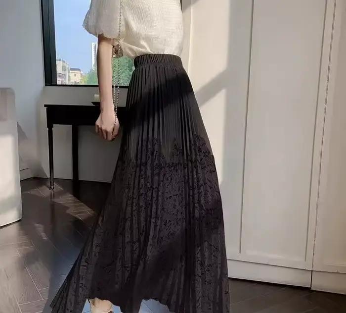 Jupe mi-longue plissée en dentelle patchwork pour femmes, nouveau style d'été, couvrant le croisement, taille haute, grande jupe longue évasée