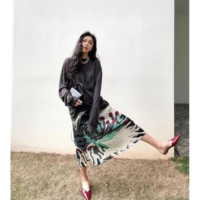 Jupe mi-longue à imprimé floral vintage pour femmes