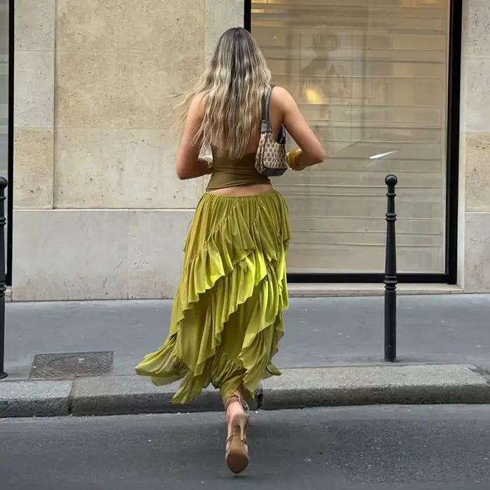 Jupe longue plissée asymétrique style bohème pour femme