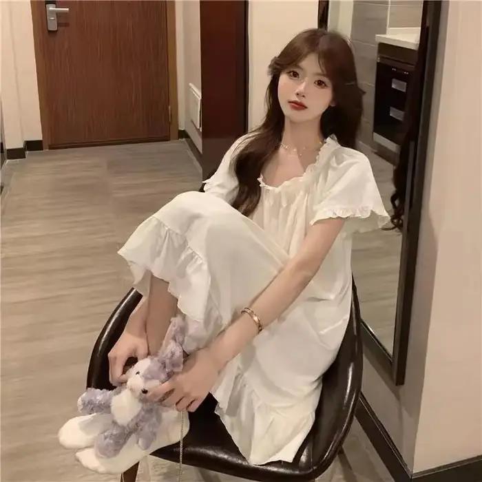 Chemises de nuit blanches mi-longues, pyjamas d'été, vêtements de maison pour femmes, nouvelle robe coréenne, vêtements de nuit sexy pour dormir, haut pour femme