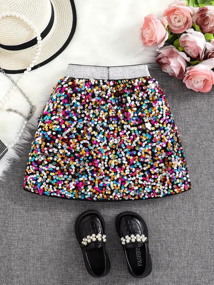 Printemps et automne nouvelle jupe trapèze taille haute à paillettes brillantes pour filles; Une seule pièce