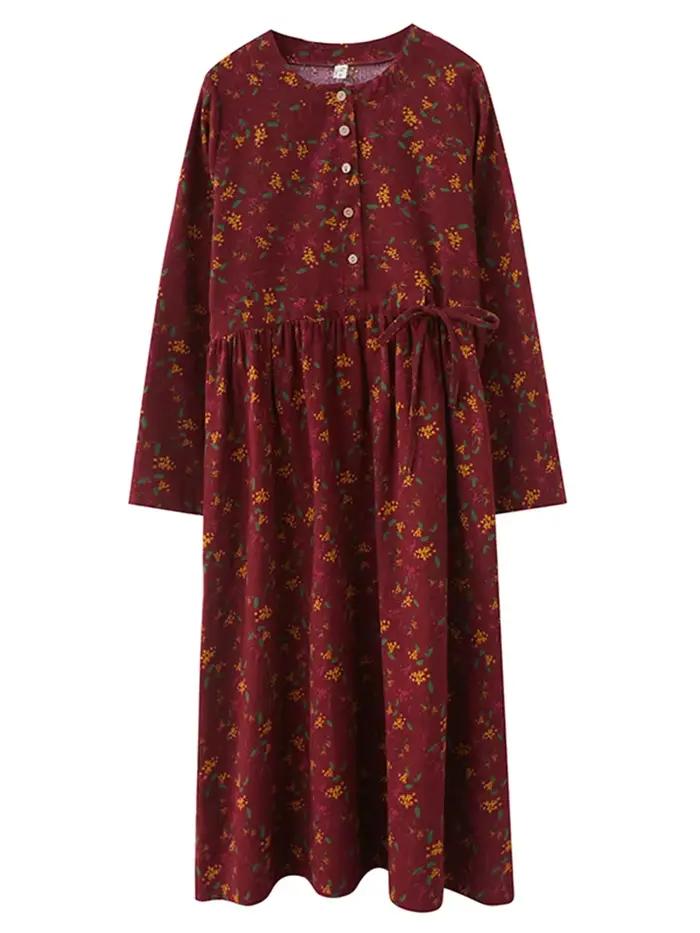 Robes à manches longues en coton et lin à imprimé floral vintage pour femmes