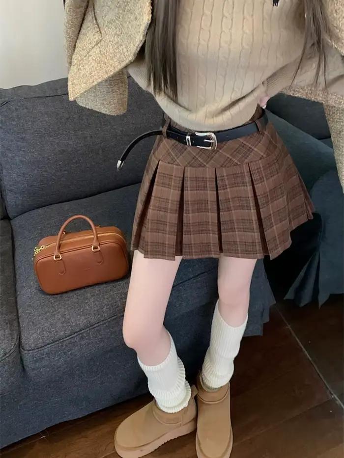 Style coréen hiver laine Kawaii Mini jupes femmes mode Y2K Streetwear Tartan plissé jupe à carreaux taille haute a-ligne