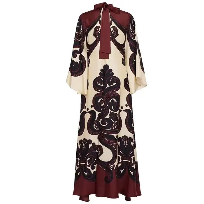 Robe longue à lacets pour femmes, motif ethnique musulman imprimé, Vintage, Sexy, col en V, manches 3/4, ample, robe de soirée Maxi, printemps automne