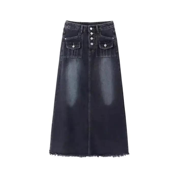 Jupe mi-longue en jean taille haute coupe trapèze pour femme