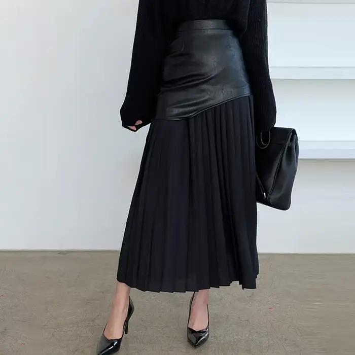 Nouvelle jupe plissée color-block avec inserts en cuir pour femme