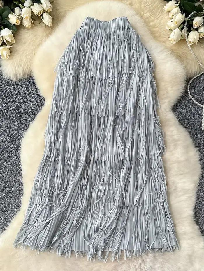LANMREM jupes à franges femmes mode 2025 printemps été nouvelle taille élastique couleur unie décontracté polyvalent jupe mi-longue 2DE468