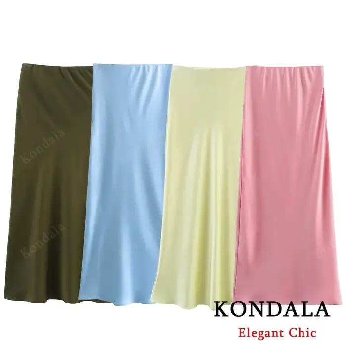 KONDALA Vintage Chic vert jaune Satin jupes taille élastique