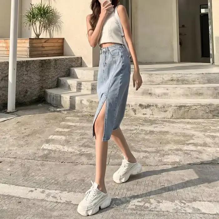 Jupes en jean femme Midi bleu taille haute avec fente jupe