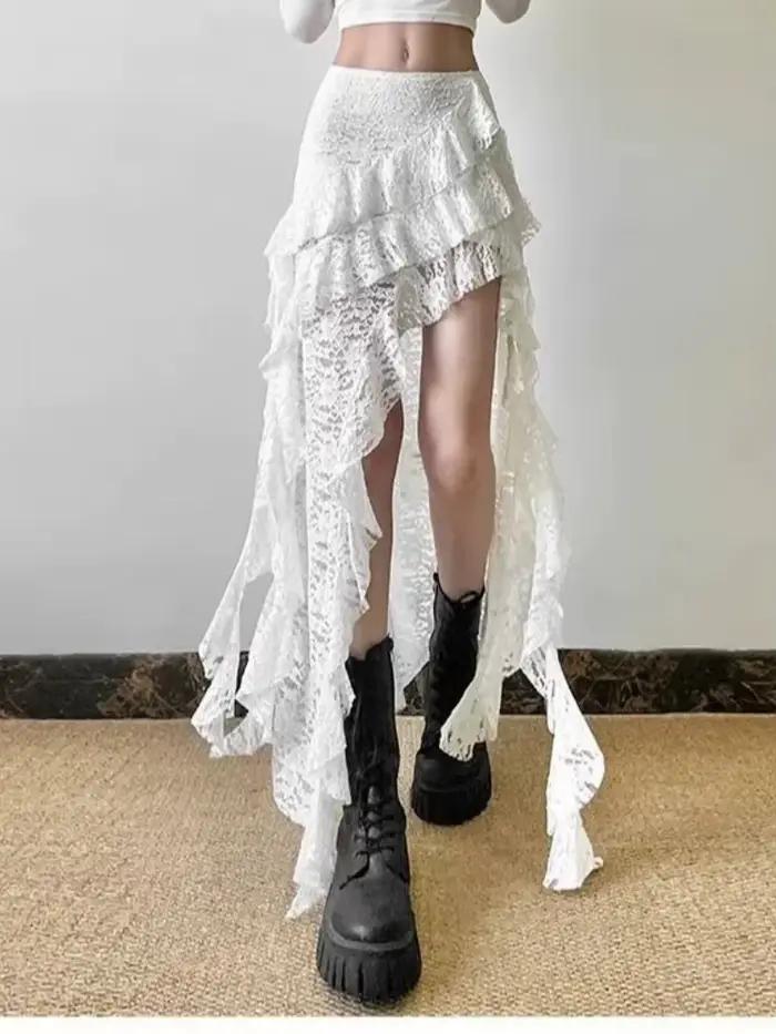 Jupe noire en dentelle Patchwork à volants pour femmes Y2k Grunge taille haute