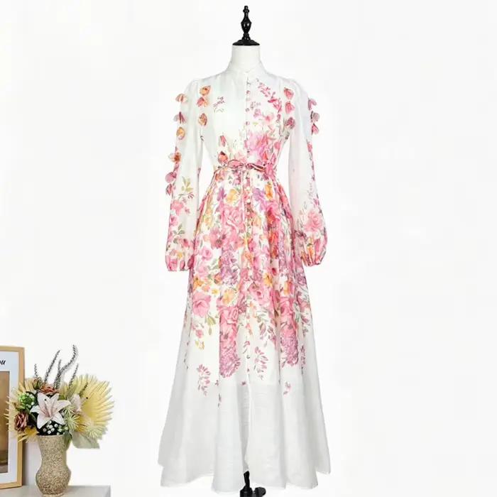 Robe longue élégante style urbain avec manches lanternes, col montant à bouton unique, imprimé floral, sensation haut de gamme pour femmes