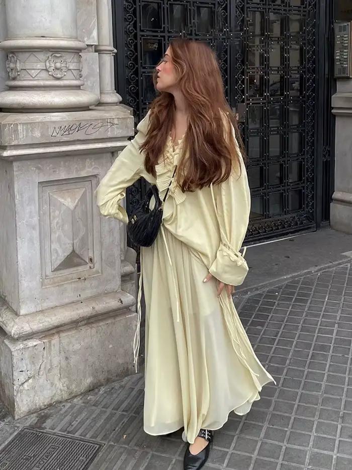 HH femmes élégant jupe costume solide manches longues dentelle chemise ample + fermeture éclair plissée tirer corde