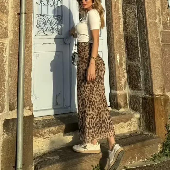 MUJER imprimé léopard jupe Midi femme Tulle taille haute jupes longues pour les femmes 2025 été Vintage maille
