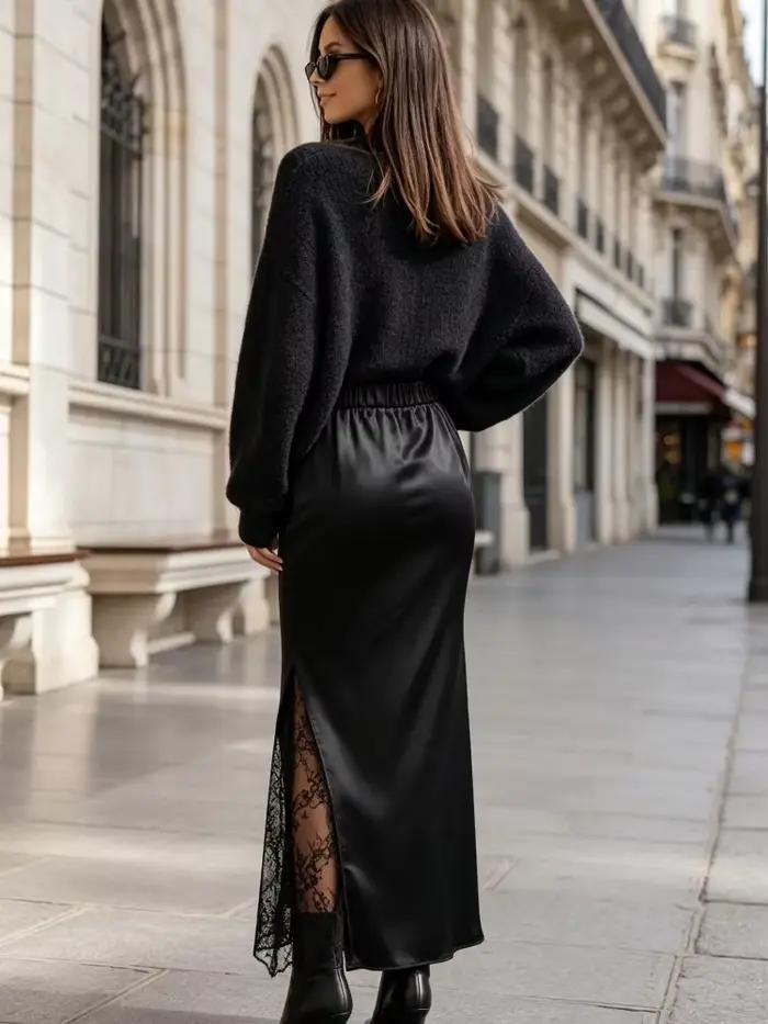 Jupe midi pour femmes, noire, en dentelle, avec fente latérale, longue, taille élastique, élégante, pour le streetwear, le bureau, les soirées et le quotidien.