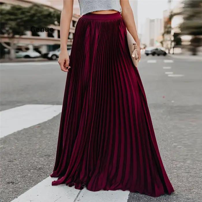 Sexy vin rouge Maxi Jupe plissée femmes mode automne hiver longues jupes plissées Style coréen