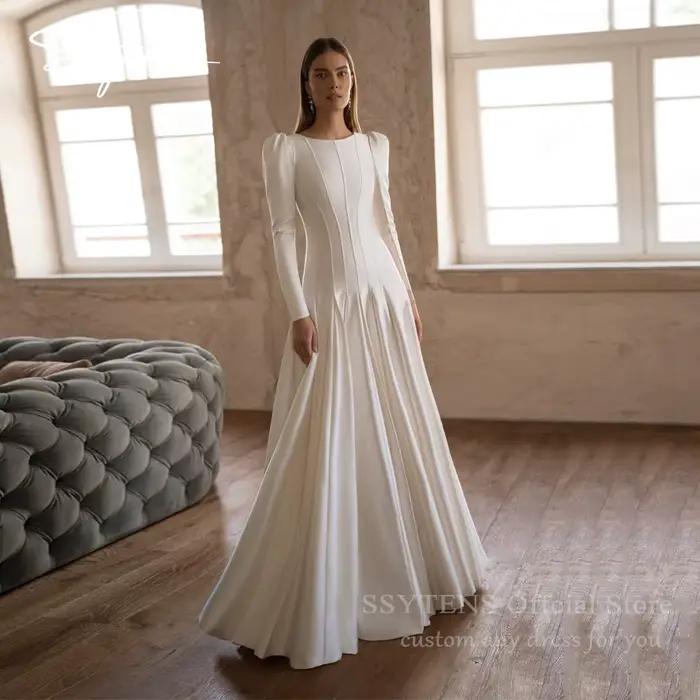 SSYTENS Chic blanc Satin robes de mariée manches longues