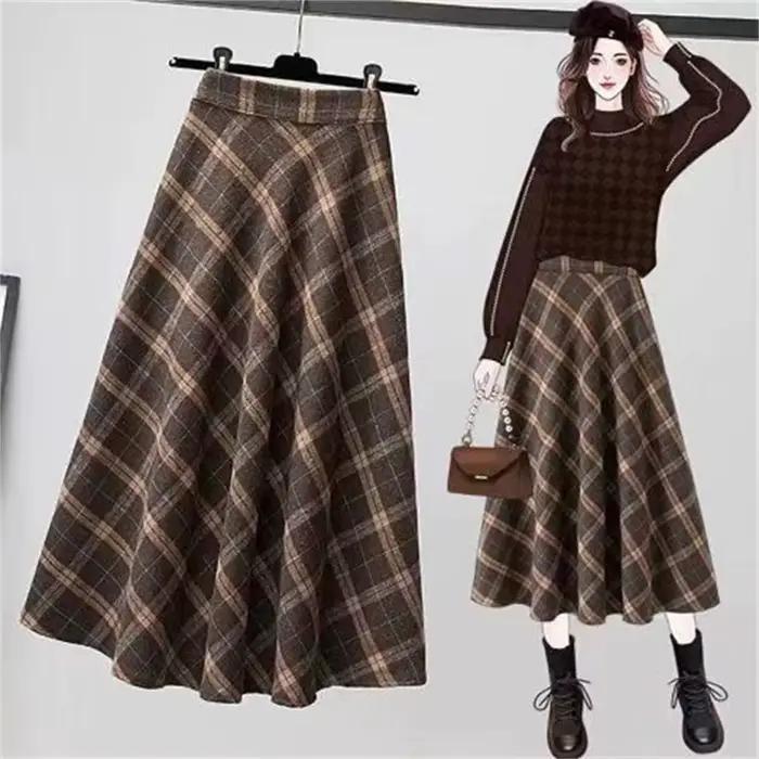 Jupe en laine à carreaux brun foncé pour femmes, coupe moderne, silhouette une ligne, tour de taille empire, printemps été, polyester voile, décoration none, mi-mollet