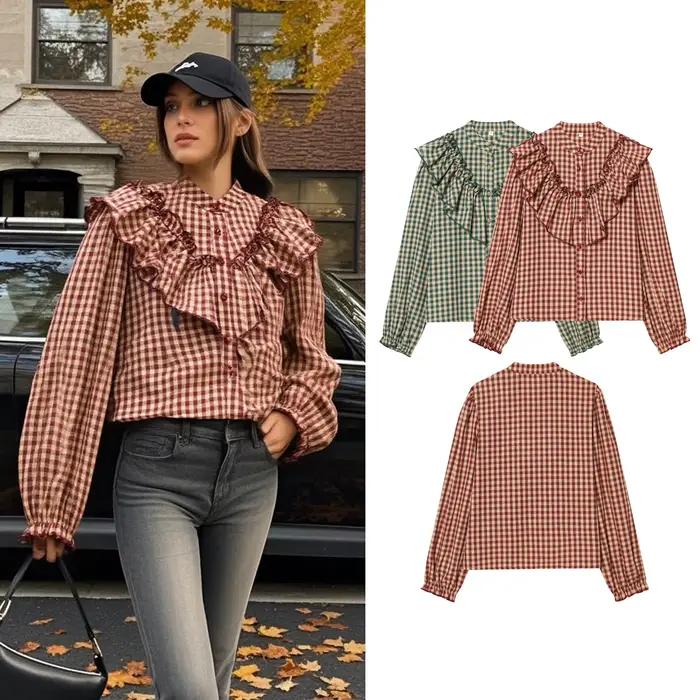 Chemises à carreaux pour femmes, nouvelle collection printemps-automne, chemisier à volants décoratifs, col rond, manches longues, chemises décontractées, chemisiers chics pour femmes