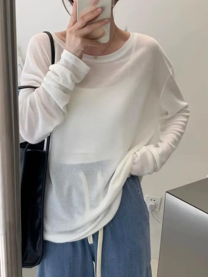 Femmes surdimensionné T-shirt printemps été col rond décontracté mode ample mince à manches longues haut pulls Chic blanc voir à travers T-shirt