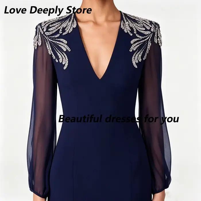 Robe de soirée marine personnalisée, col en V profond, manches longues bouffantes transparentes, coupe sirène, longueur ras du sol, robe de soirée formelle, robe pour invitée de mariage