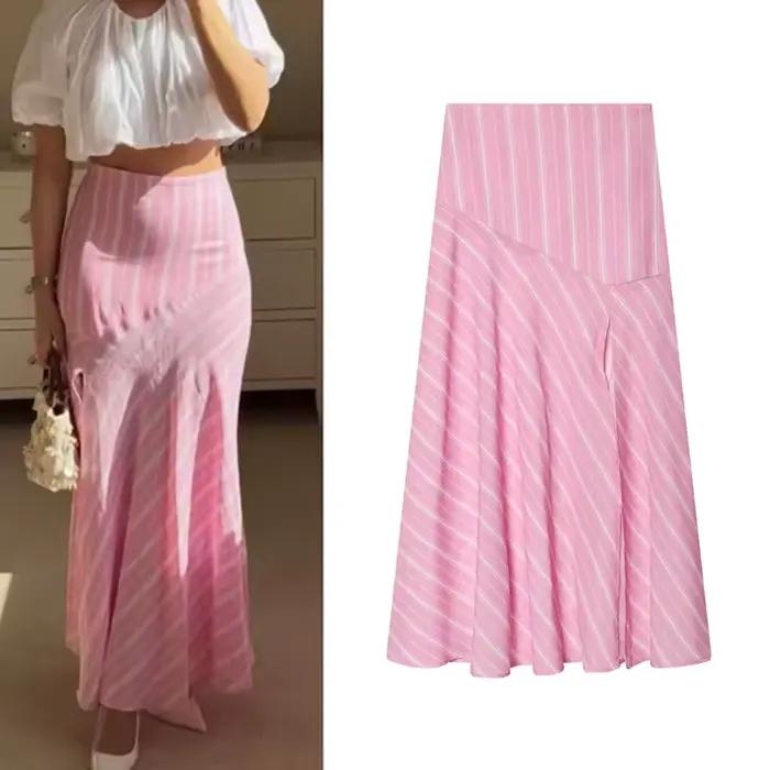 Jupe Femme 2026 Nouvelle Collection Printemps-Été Rose Rayée en Lin Longueur Midi