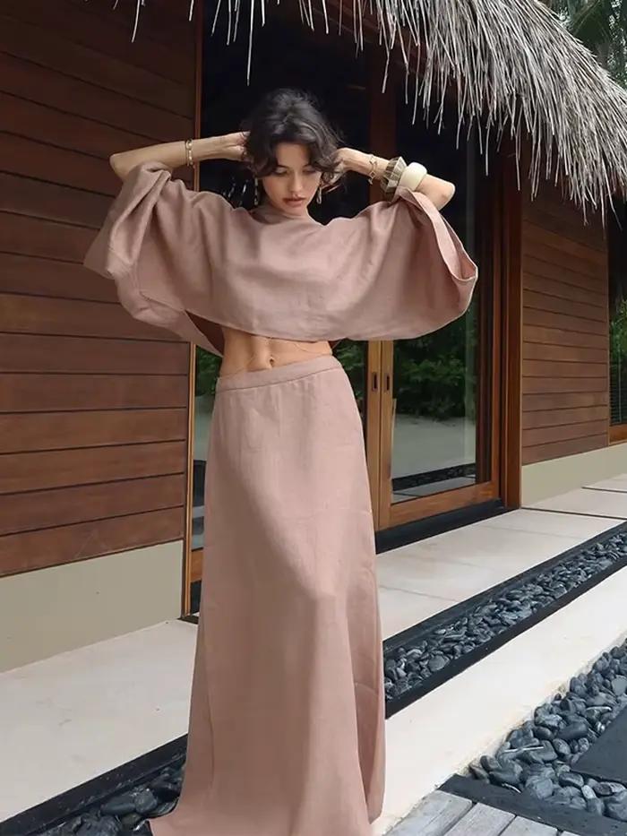 Costume jupe ample doublé de coton pour femmes