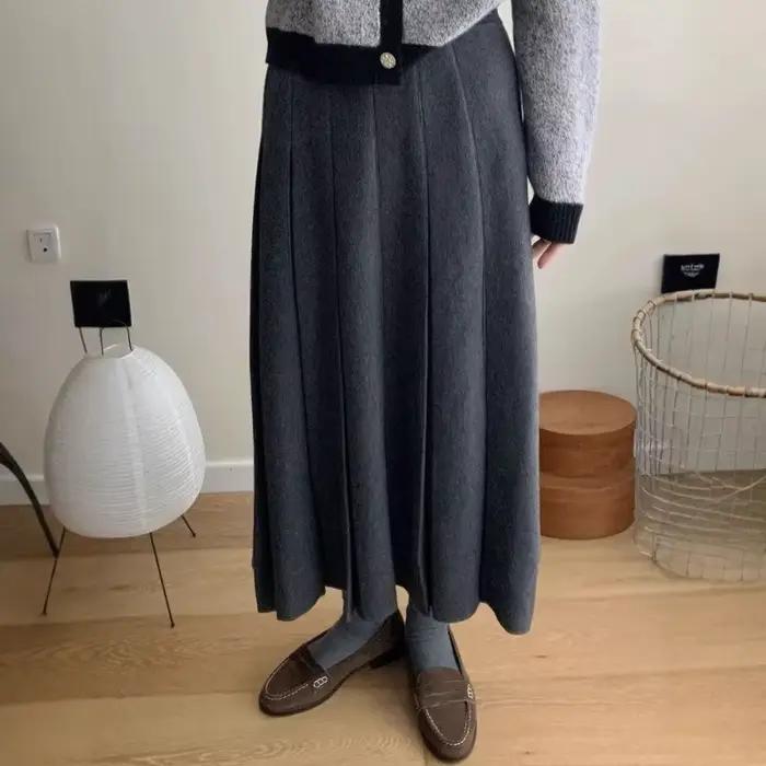Jupe en laine grise femme Vintage plissée a-ligne automne hiver pull parapluie