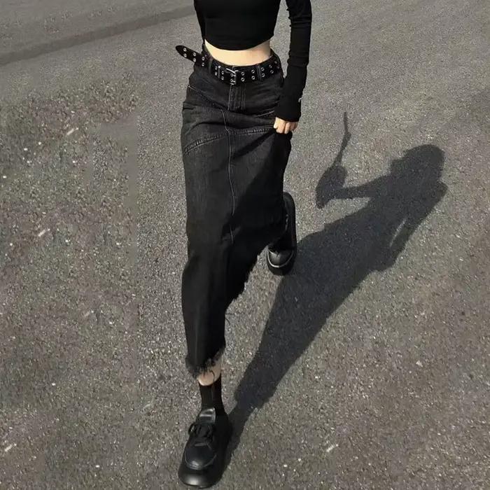 Jupe en jean taille haute noire Goghvinci pour femmes style rétro ajustement loose四季高vinci女士高腰牛仔裙黑色复古宽松版