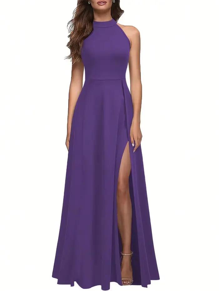 Robe de soirée longue unie à col montant et fente latérale pour femme - Robe de cérémonie élégante et amincissante pour banquets et soirées