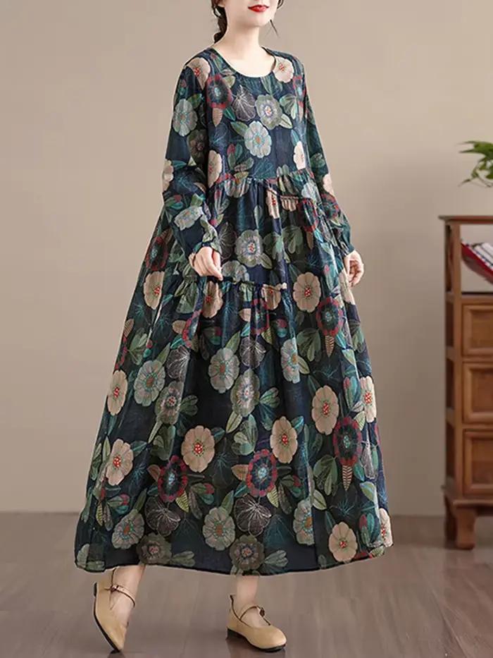 Coton à manches longues imprimé robes Vintage femmes 2025 printemps automne décontracté robe longue ample bureau dame robes vêtements élégants