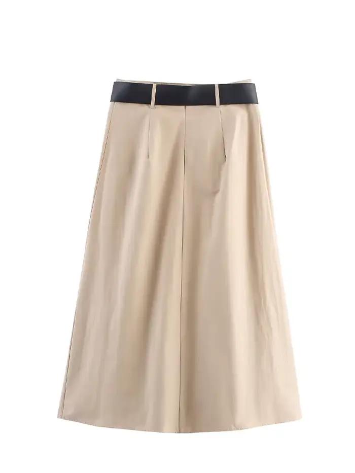 HH femmes mode Vintage ceinturé Cape-Style fermeture éclair Midi a-ligne jupe femme taille haute élégant fête plissée
