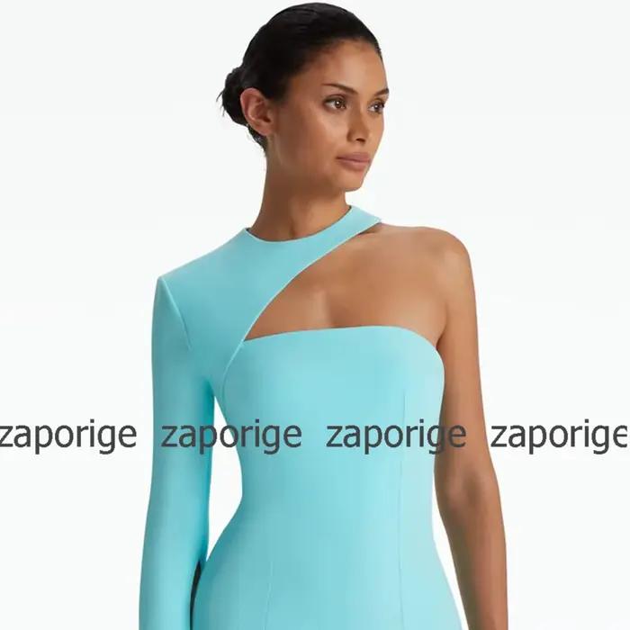 Robes de Thanksgiving turquoise pâle, robe sur mesure en jersey, robes sirène et trompent, robes longueur thé à une épaule