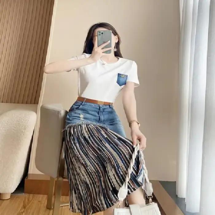 Ensemble jupe en jean deux pièces pour femmes, tenues féminines, bureau, midi, haut de style coréen, vêtements astronomiques, luxe, promotion, nouveau, 2025