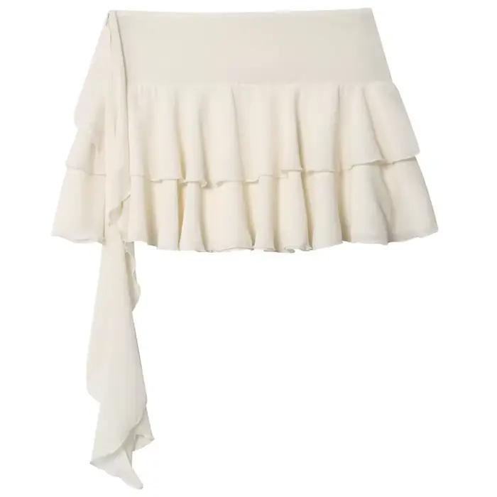 HXAO jupe en mousseline de soie superposée short dames mode Mini taille haute à lacets culottes femme à volants Beige