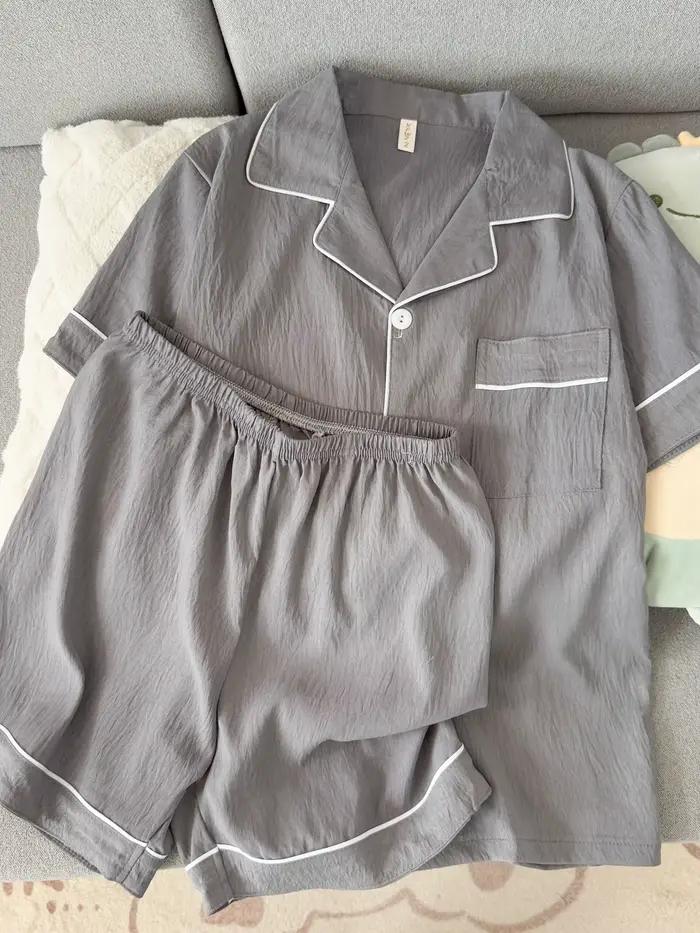 Ensemble de pyjama pour homme, coupe slim, nouveau, couleur unie, haut à manches courtes à col rabattu et short élastique, pyjama d'été, vêtements de détente, vêtements de nuit