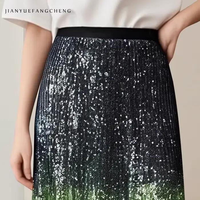 Jupe longue de luxe pailletée pour femmes, polyester, mi-mollet, silhouette une ligne, printemps été, élégante et décontractée, idéale pour soirées et journées de travail