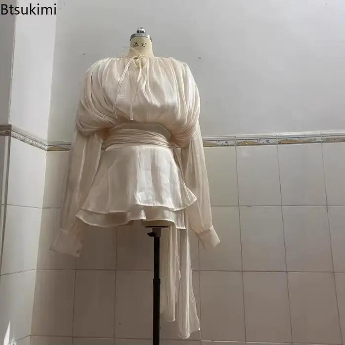 Mini robe à volants pour femmes, col en V, manches longues bouffantes, épissée, à lacets, douce avec Short, mode d'été, robe courte plissée