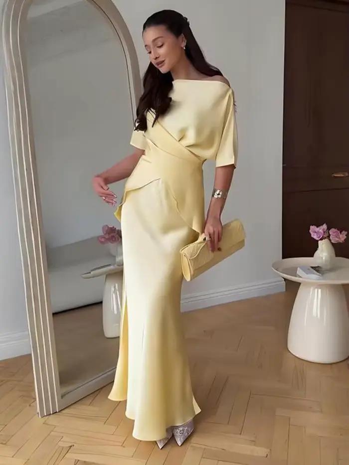 Mode jaune Satin hauts jupe 2 pièces ensemble femmes à lacets haut taille haute sirène