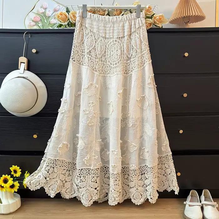 Jupe midi trapèze élégante en dentelle brodée lourde pour femme, collection Printemps 2026, taille haute, coupe ample, style féerique, en tissu de coton