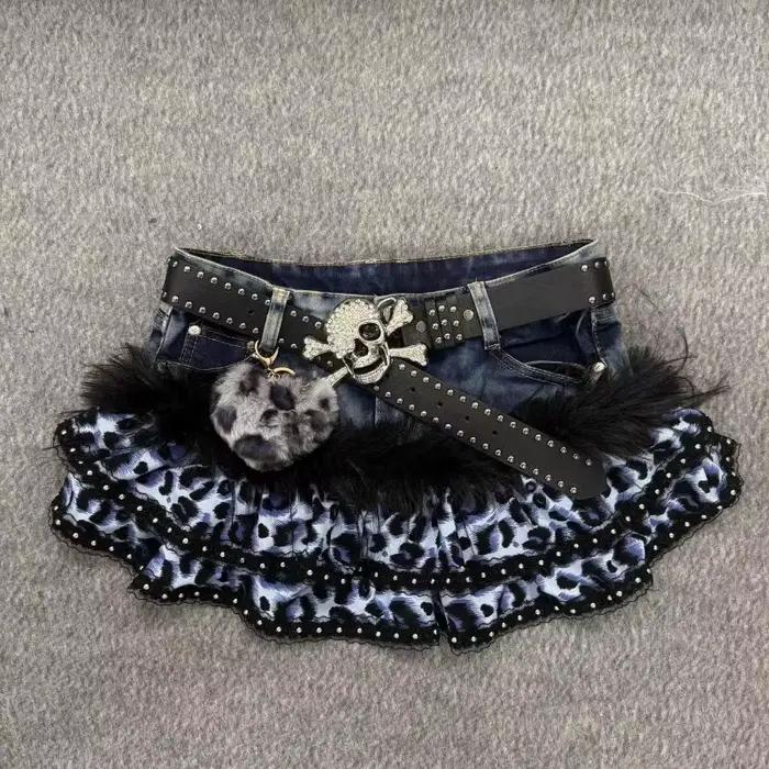 Jupe en jean imprimée léopard noir et blanc vintage Y2K pour femmes