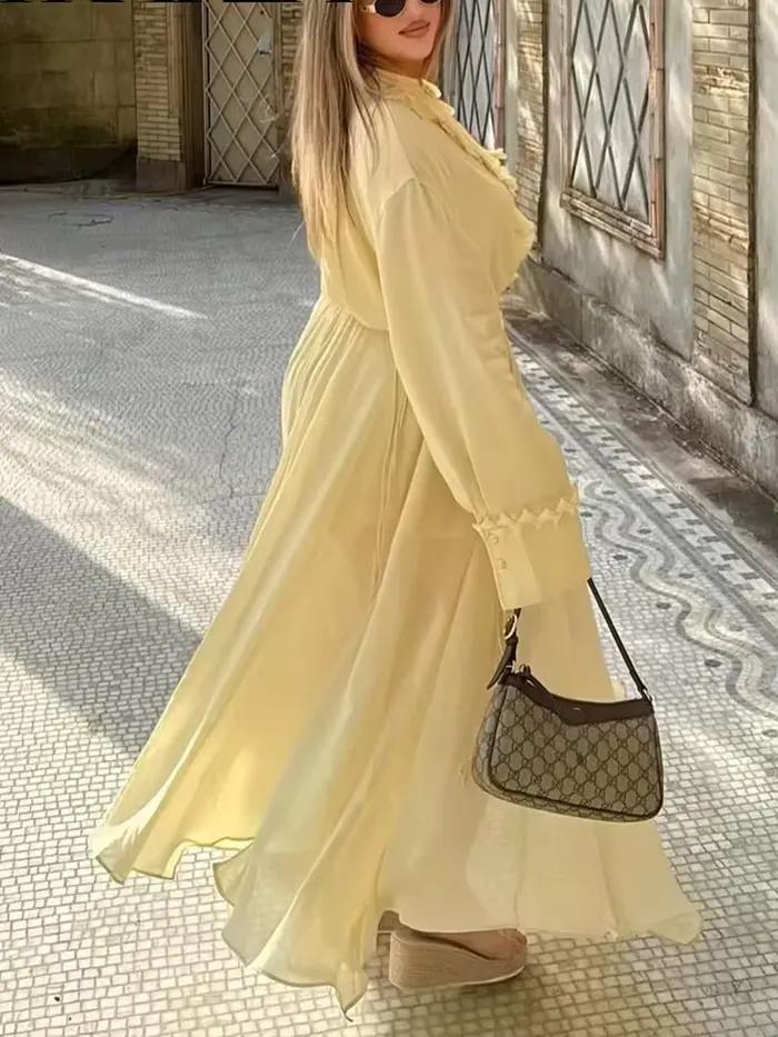 HH mode femmes jaune en mousseline de soie chemise jupe ensemble été à plusieurs niveaux décoration à lacets chemises +