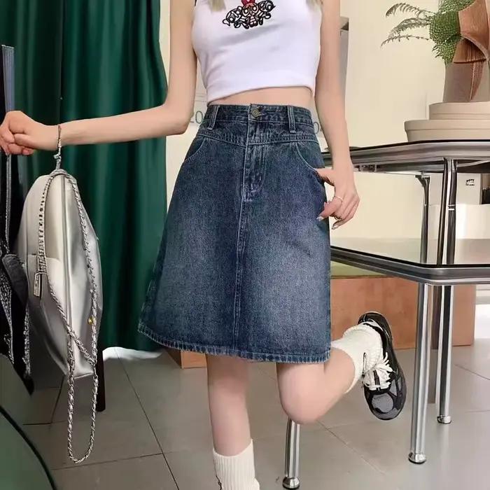 Jupe mi-longue en jean bleu taille haute pour femme