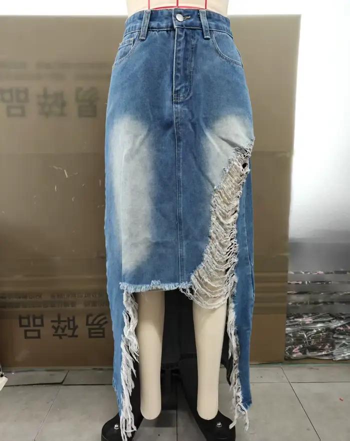 Nouvelle jupe demi-corps en Denim fendue délavée
