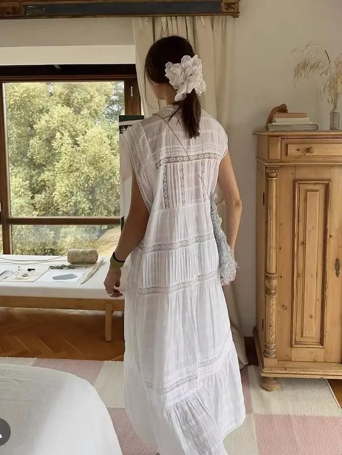 Robe midi noire en coton avec dentelle guipure, robe femme, nouvelle robe bohème d'été