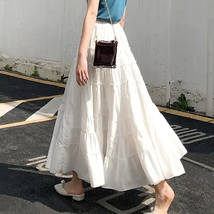 Qiukichonson-Jupe mi-longue en mousseline de soie pour femme, jupes d'été mignonnes, coutures à froufrous, taille haute, ligne A, volants, blanc, noir, mode