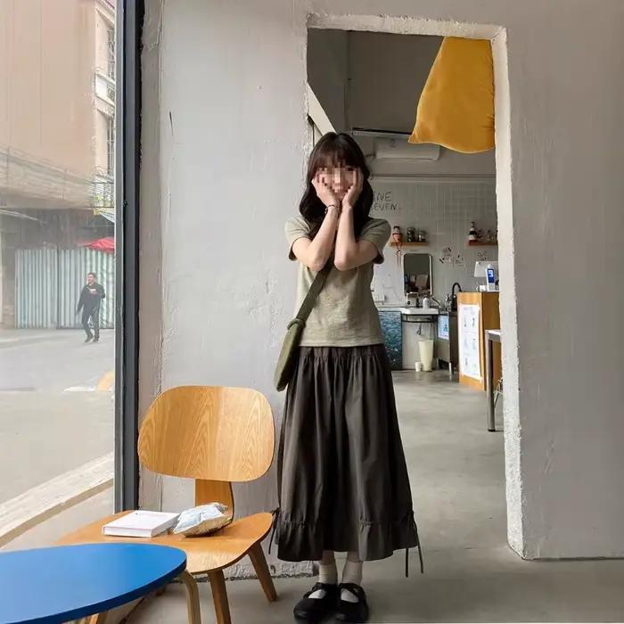 Jupe noire plissée à volants, Style fille Mori japonais, Vintage, Simple, douce Kawaii, ligne a, taille élastique, marron, longue pour femmes