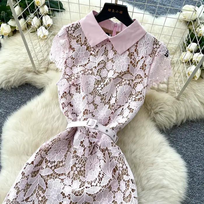 Robe longue rose pour femme avec col à revers