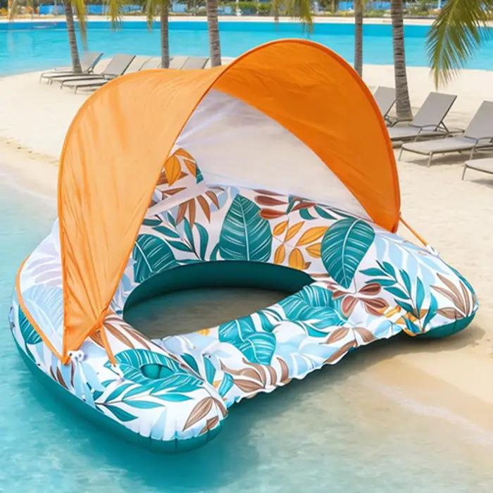 Chaise flottante pour piscine avec porte-gobelet / Chaise longue en forme de U avec parasol / Chaise flottante de loisirs pour piscine, radeau gonflable pour l'eau