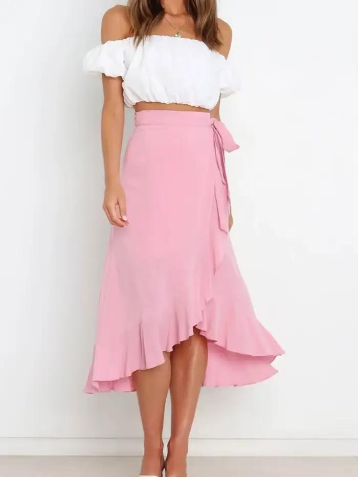 Longue jupe en mousseline de soie rose pour femmes